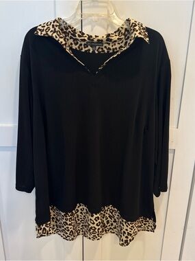 Adrianna Papell Black V-Neck Top with Leopard Trim twofer stretch jersey sz 3X